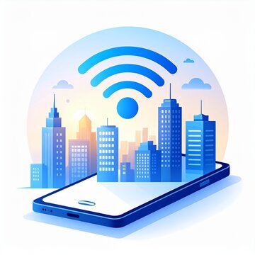 Smart city concept with skyscrapers on smartphone screen and wifi symbol, 2.5D flat vector illustration of urban digital connectivity and mobile network technology.