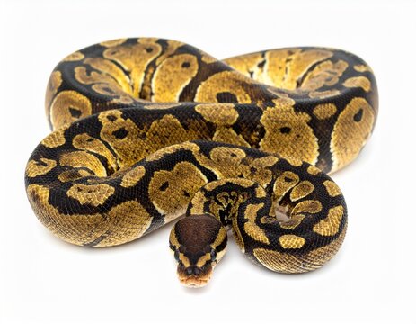 Beautiful Ball Python Coiled on White Background, Showing Stunning Coloration and Pattern.