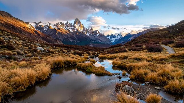 Dramatic Mount Fitz Roy and Snow-Capped Mountains Reflected in Stream at Sunrise, Patagonia