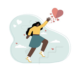Vector illustration. Love concept. A woman runs up the stairs, trying to catch a heart. In search of love.