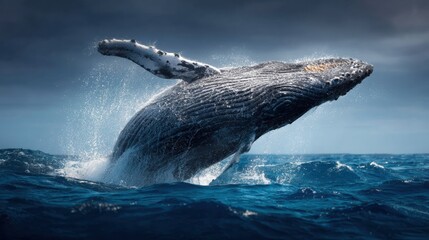 Naklejka premium Majestic Whale Breaches Ocean Surface Splashing Water With Marine Life Around in Deep Blue Hues and Dramatic Depth at Sea