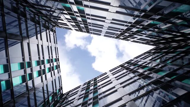 Triangular View of Sky Framed by Modern Glass Skyscrapers Creates Dynamic Architectural Perspective with Reflective Surfaces and Geometric Lines Enhancing Urban Atmosphere and Aesthetic