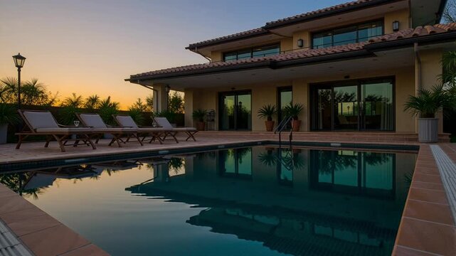 Luxurious Mediterranean-style villa featuring an expansive swimming pool and several wooden lounge chairs set against a dramatic golden hour sunset sky backdrop