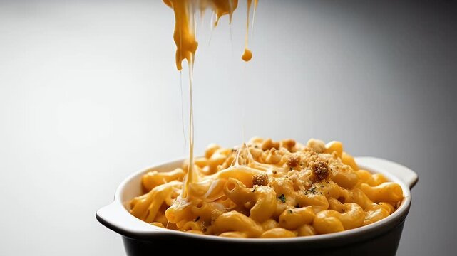 Golden Macaroni Cheese in White Bowl on Grey Background with Cheese Pulling From Fork