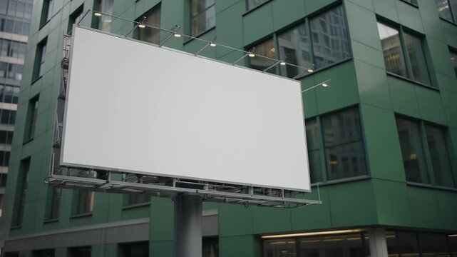 Large Blank Billboard On A Green Modern Building Facade In A City With Reflective Windows And Natural Light