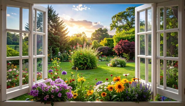 Beautiful garden view through an open window with vibrant flowers and lush greenery.