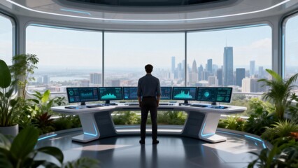 Man in futuristic control room with city view