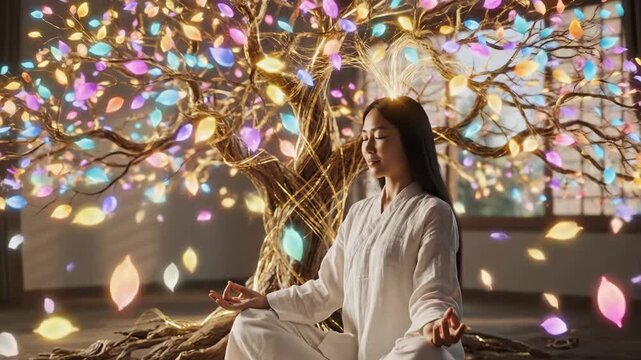 Visualize the impact of self-reflection and mindfulness on mental health. a person sitting in meditation, with an abstract tree extending from their head. Each leaf represent a mindful