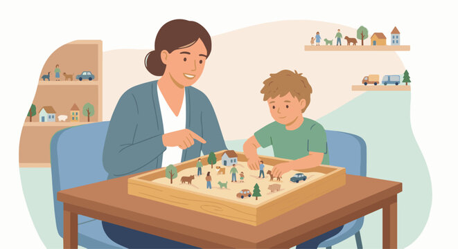 Play Therapist and Sand Tray Therapy
A flat vector illustration of a play therapist guiding a child during sand tray therapy. Miniature figures and a sandbox are placed on a table. 