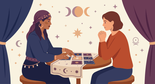 Tarot Reading Session
A flat vector illustration of a tarot reader and a client sitting across from each other at a small table. 