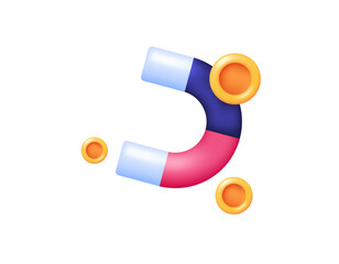 The concept of attracting wealth or fortune. Marketing techniques for earning money, income, profits, and revenue. Illustration of a red and blue magnet with gold coins. 3D style design. Element