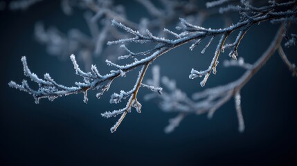Close up of frost covered tree branches against a dark blue background winter