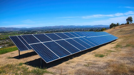 A large solar panel array is installed on a hillside with a scenic view of the countryside and a clear blue sky.