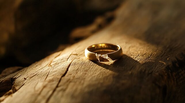 toroidal. A broken wedding ring lies on wood with a visible crack and side lighting. wellbeing guides, coaching materials, designed for coaching and self-improvement content, used by videographers.