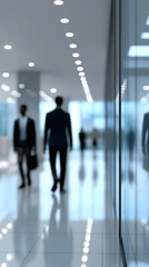Blurred business people walking through a modern office corridor convey corporate motion and professional workflow.
