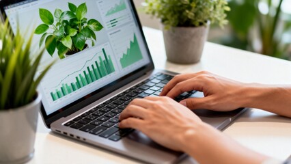Person typing on laptop with plant and graphs