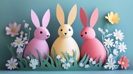 Happy easter spring paper cut rabbit with spring flowers and greenery on a soft teal background. Perfect for Easter celebrations, spring designs, holiday greetings, and festive artwork