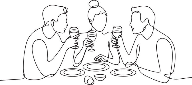 Birthday party continuous one line vector drawing. Woman and guests sitting at table drink wine, toast