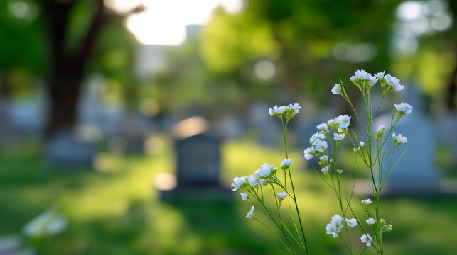 Delicate white wildflowers growing among gravestones in soft sunlight, symbolizing remembrance, peace, and the quiet cycle of life.
