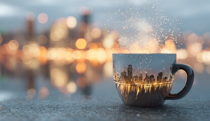 A coffee cup featuring a cityscape reflection, steam rising with an out-of-focus background