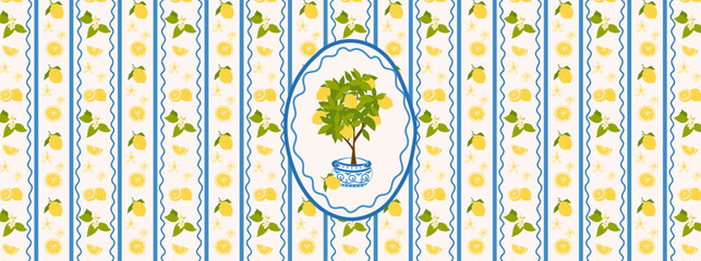 Lemon. Striped background with lemons and a lemon tree in the center in an oval frame. Modern retro illustration.