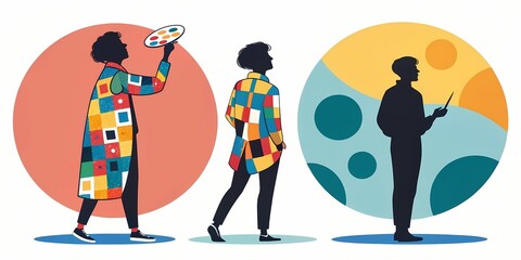 Flat vector person silhouette filled with bold color blocks, plain background.