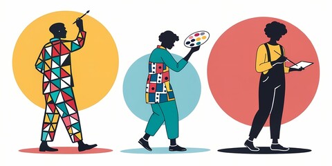 Flat vector person silhouette filled with bold color blocks, plain background.