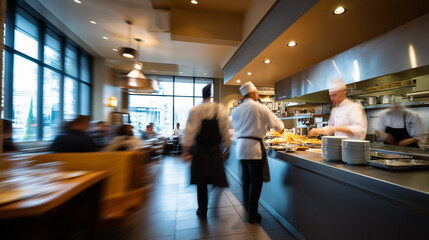 Busy professional restaurant kitchen with chefs working during service, symbolizing gastronomy, teamwork, and food industry operations.
