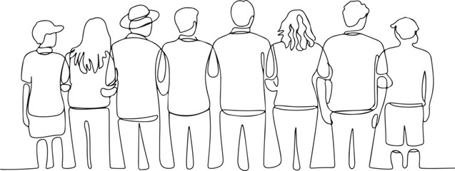 Fototapeta premium Contour line drawing group of people waiting in queue. Crowd standing at concert, meeting back view
