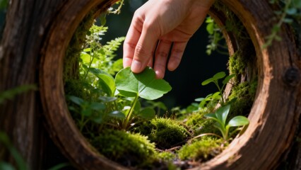 Hand touching leaf in mossy wooden frame