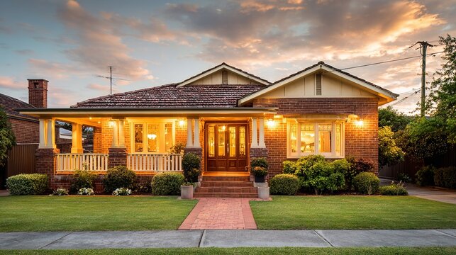 veranda. Charming suburban home with veranda and lush lawn, bathed in warm sunset light, showcasing Australian architecture. inspiring travel planning.