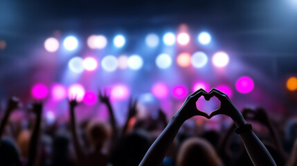 Concert crowd forming a heart shape with hands under colorful stage lights, symbolizing love, unity, and shared emotional experience.
