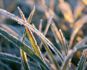 Close up of green grass blades covered in sparkling frost crystals in soft morning light image