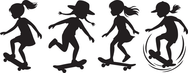 Female skateboarder silhouettes in motion in dynamic black silhouette vector © Ranaart
