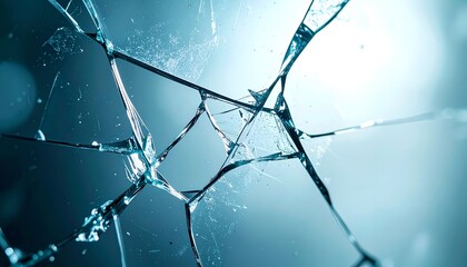 Close-up view of shattered glass displaying intricate cracks against a bluish background