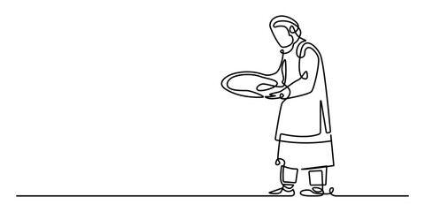 Elegant continuous line art of muslim man holding iftar meal minimalist vector illustration