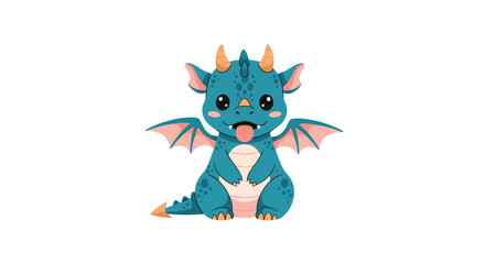 Naklejka premium Adorable baby blue dragon character with small horns and wings sits happily with its tongue sticking out on a white background.