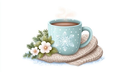 Cozy Winter Beverage In A Snowflake Mug With Delicate Flowers And Soft Scarf