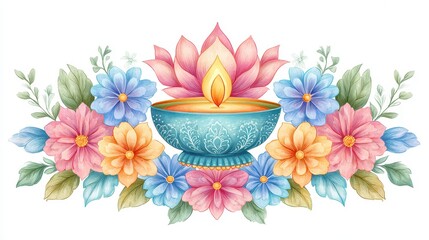 Decorative Diya Surrounded by Watercolor Flowers and Leaves in Pastel Colors Soft Lighting