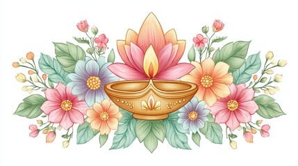Diya Oil Lamp Surrounded by Pastel Flowers and Green Leaves Indian Festival Light Decoration