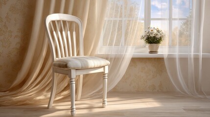 Elegant White Spindle Back Chair With Ornate Fabric Seat By Sunlit Window With Curtains And Potted Flowers