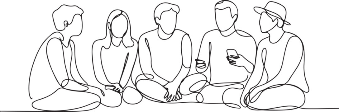 Group of young people sitting on ground together and talking. Friends rest and communicate. Continuous line art drawing style. Minimalist black linear sketch on white background. Vector illustration