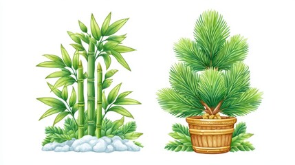 Pixel Art Bamboo Forest And Pine Tree In Pot With Snow And Green Leaves