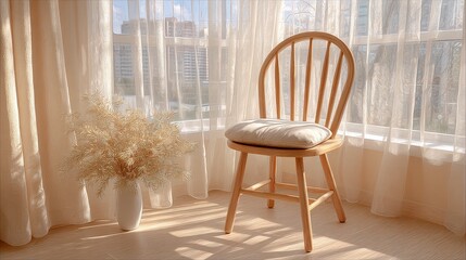 Rustic Wooden Chair With Floral Arrangement By Sunlit Window Cozy Interior Scene