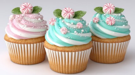 Three Decorated Cupcakes with Pink and Teal Frosting and Peppermint Toppings on White Background