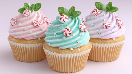 Three Festive Cupcakes with Swirled Frosting Candy and Mint Garnish on Pink Background