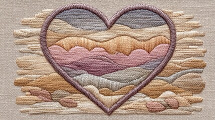 Textured Heart Shape Tapestry Featuring Layered Mountain Landscape In Earth Tones With Wood Grain Background