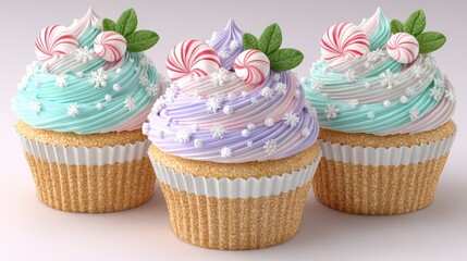 Three Festive Cupcakes with Swirled Frosting Candy Cane Sprinkles and Mint Leaves On White Background