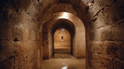 spinor. A narrow stone corridor leading to a vaulted storage room with soft interior light. real-estate listings.