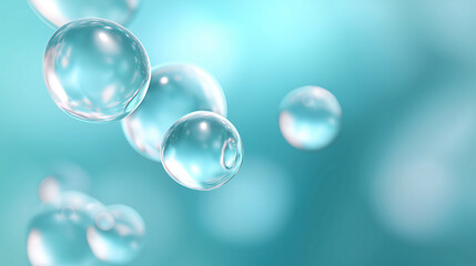 Transparent water bubbles floating on a turquoise background create a fresh and clean abstract liquid texture.
